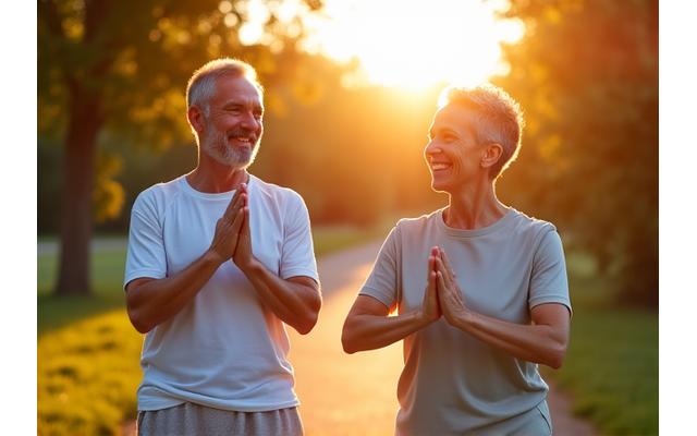 Cuplu matur și fericit făcând exerciții ușoare în natură, simbolizând vitalitate și longevitate
