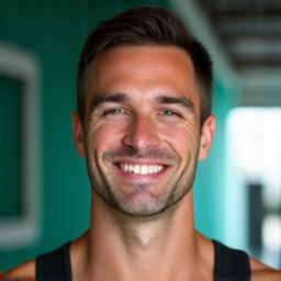 Portretul unui antrenor personal masculin, Andrei Popescu, zâmbind, într-un mediu de sală de fitness modern