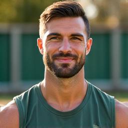 Portretul unui antrenor personal masculin, Mihai Georgescu, cu un aspect atletic, într-un mediu de coaching exterior