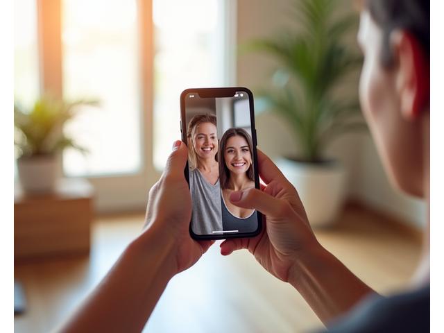 O mână ținând un smartphone afișând o galerie de fotografii cu progresul personal în fitness și sănătate