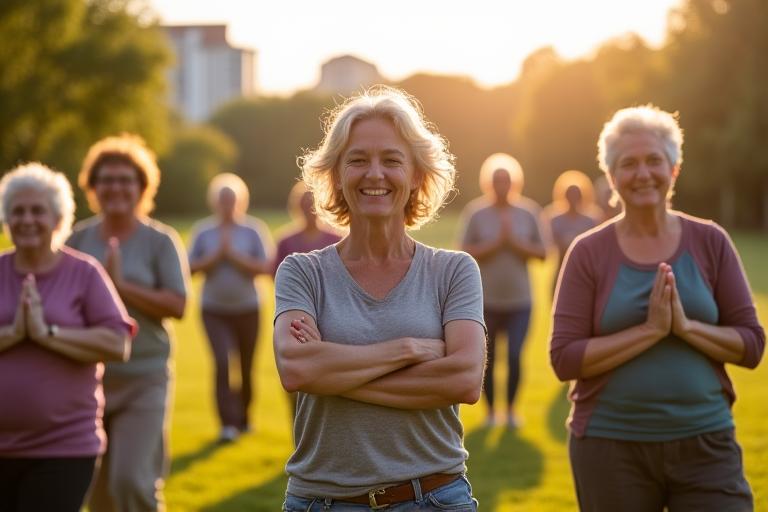 O imagine incluzivă, cu o scenă de comunitate din Cluj, cu oameni de vârstă mijlocie angajați în activități de wellness în aer liber. Zâmbesc, se ajută reciproc și arată o energie pozitivă și relaxată. Ar putea fi o sesiune de yoga în parc sau un atelier de nutriție.