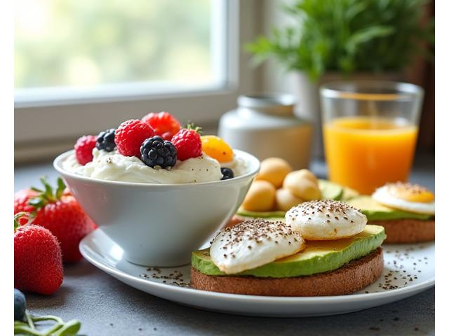 Mic dejun consistent, bogat în proteine: iaurt grecesc cu fructe de pădure, nuci și semințe, ouă Benedict cu avocado.