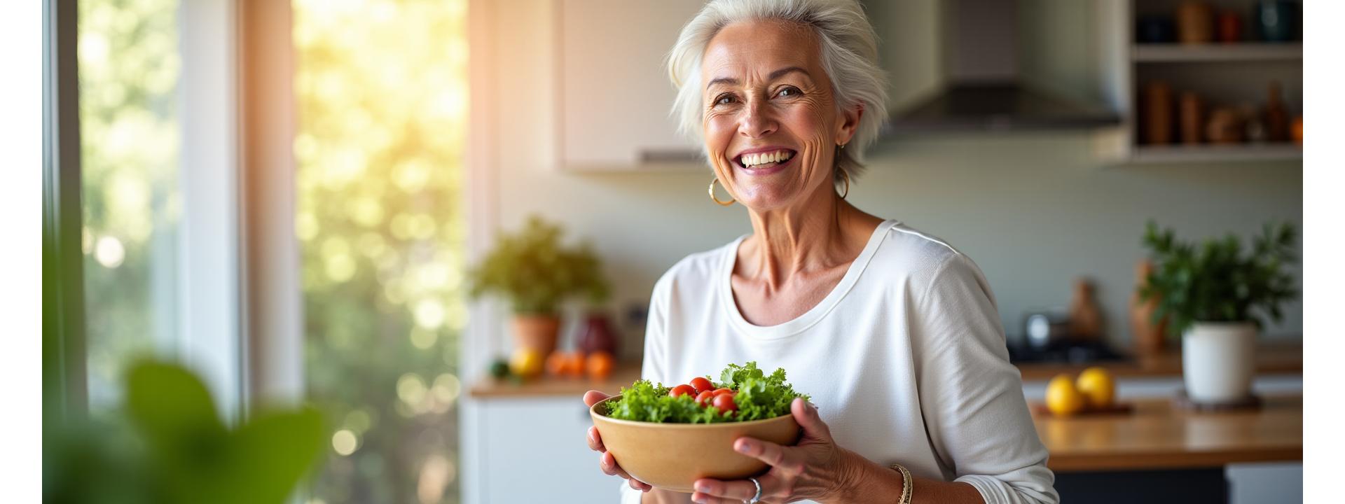 Femeie zâmbind, mâncând o salată vibrantă, ce exemplifică vitalitatea la peste 40 de ani, cu un fundal moale, verde-turcoaz.
