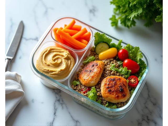 Prânz sănătos pentru birou: salată de quinoa cu legume proaspete și pui la grătar, ambalată într-o cutie bento.