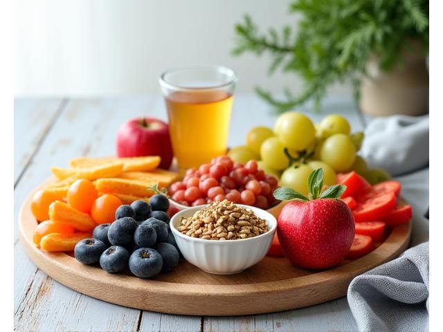 Colecție de gustări sănătoase: fructe proaspete, nuci, iaurt, hummus cu bețișoare de legume, dispuse pe un platou de lemn.