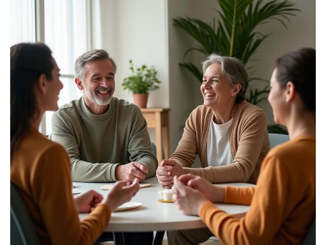 Un grup de adulți, bărbați și femei, în timpul unui workshop relaxant, zâmbitori, interacționând cu un facilitator, într-o încăpere luminoasă, cu plante și elemente naturale.