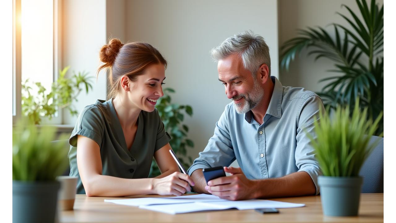 O conversație individuală relaxată și încrezătoare între un expert wellness (femeie, ~40 ani, îmbrăcată casual elegant) și un client (bărbat, ~45 ani), într-un birou luminos și modern, cu plante verzi, sugerând un dialog personalizat despre produse.