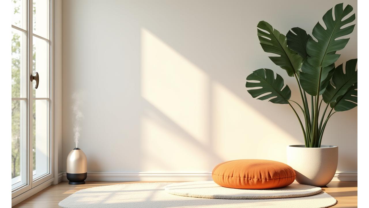 Un colț de living luminos și aerisit, cu o plantă verde mare, o pernă de meditație comfy și un difuzor de arome subtil, creând o atmosferă calmă și primitoare. Lumina naturală inundă spațiul.