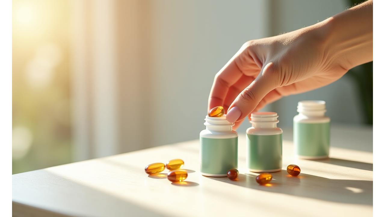 O mână elegantă, deasupra unei varietăți de suplimente nutritive moderne aranjate estetic pe o suprafață curată, sugerând o selecție atentă și bine informată.