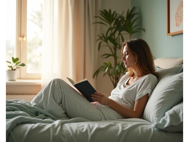 O persoană relaxată într-un dormitor curat și ordonat, cu nuanțe calme de verde și alb, citind o carte înainte de culcare. Lumina este moale și caldă.
