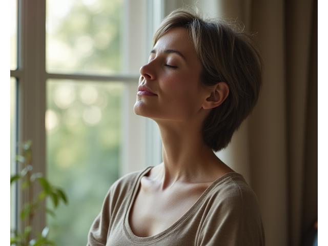 O persoană cu aspect calm, practicând exerciții de respirație profundă într-un cadru liniștit, sugerând gestionarea stresului și insomniei cu tehnici de mindfulness.