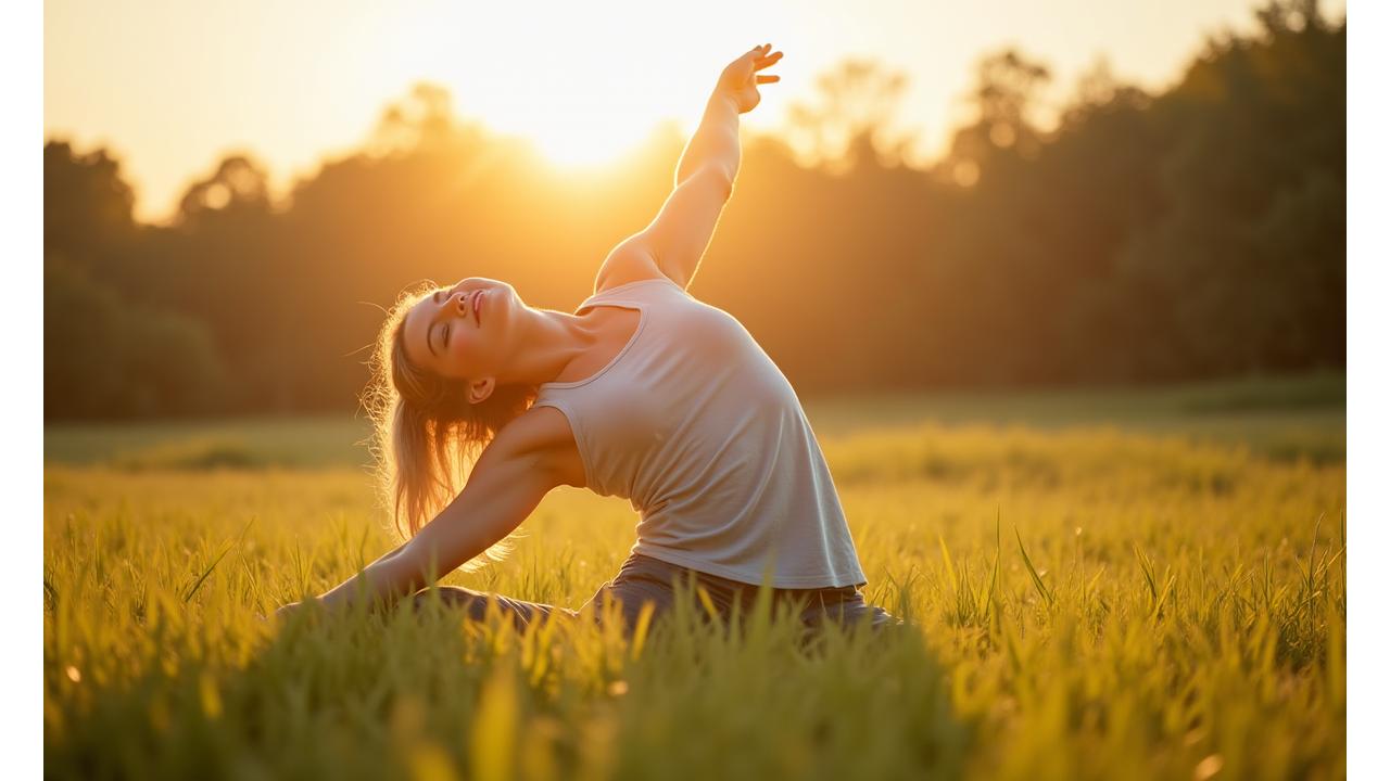 O persoană practicând yoga în natură la răsărit, într-o poziție de relaxare și întindere, simbolizând recuperarea activă și mentală.