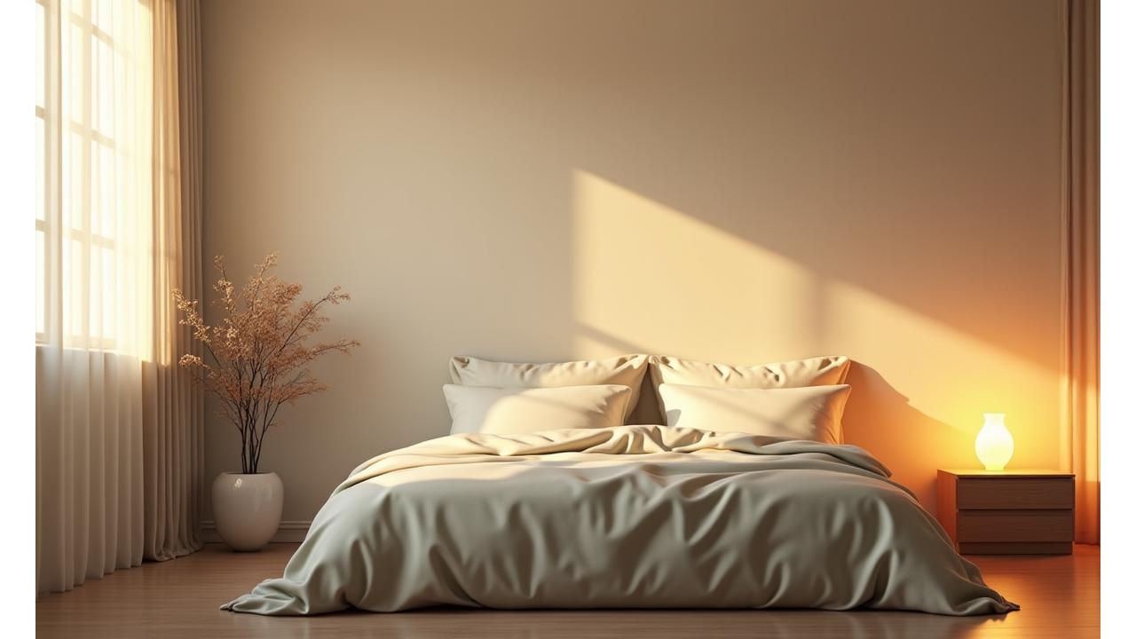 Imagine calmantă a unui dormitor elegant și liniștit, cu iluminare slabă și un pat confortabil, creând o atmosferă de relaxare profundă.
