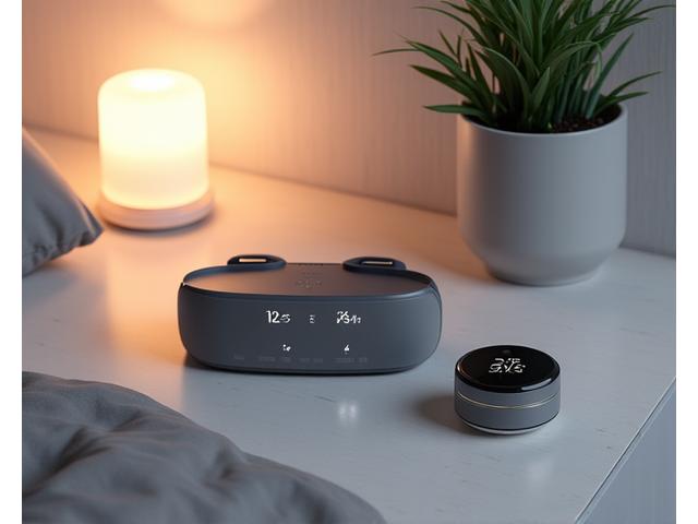 Diverse gadget-uri de monitorizare a somnului – ceas inteligent, inel de urmărire, senzor de pat – așezate elegant pe o noptieră modernă, cu o lumină ambientală caldă. Focoare subtile de lumină accent.