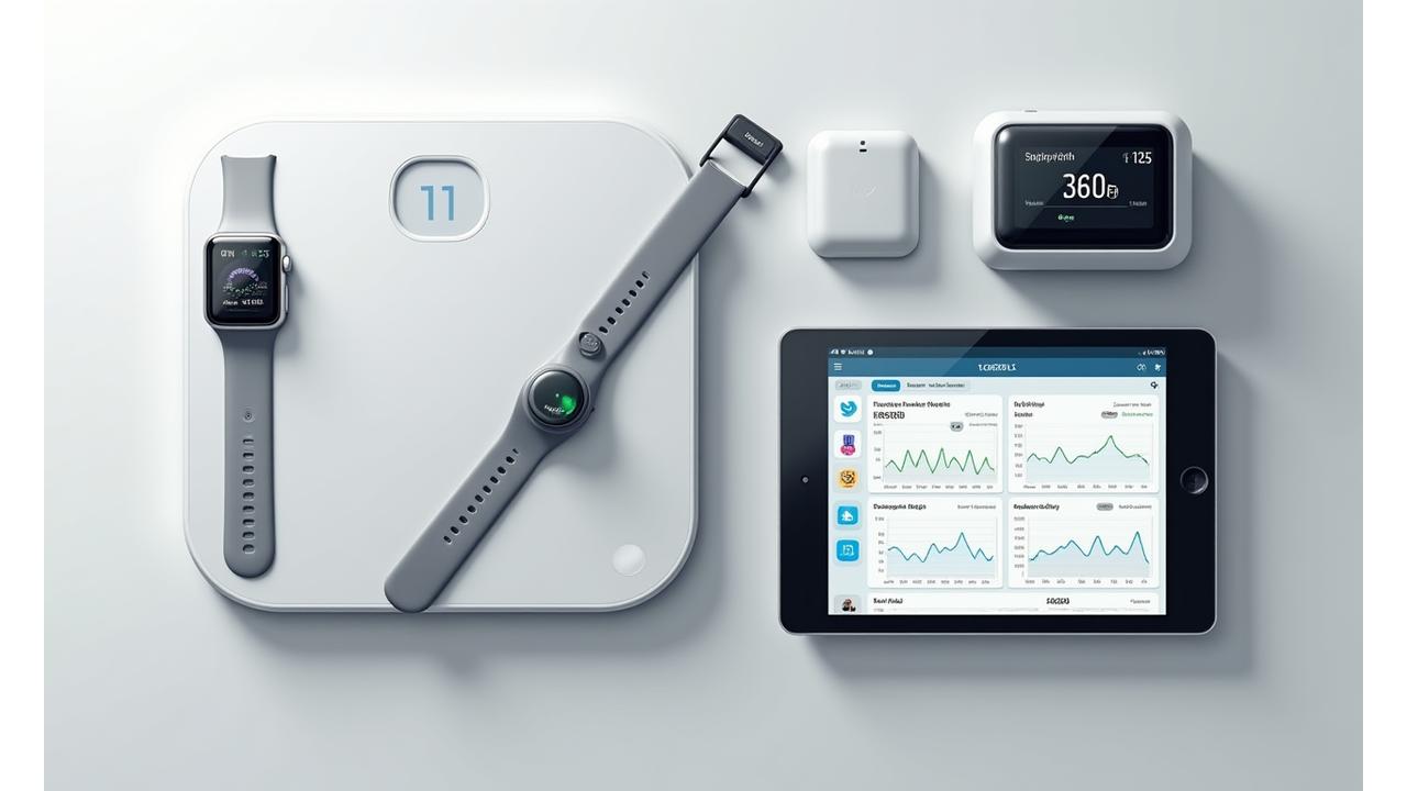 Dispozitive wearable, ecrane de monitorizare a datelor și echipamente high-tech de wellness aranjate într-un display modern.