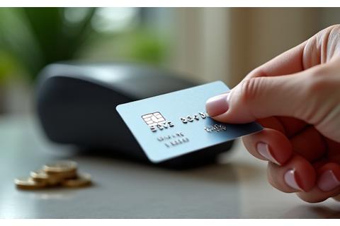 Mână care ține un card de credit sau de debit, simbolizând tranzacții financiare sigure și clare.