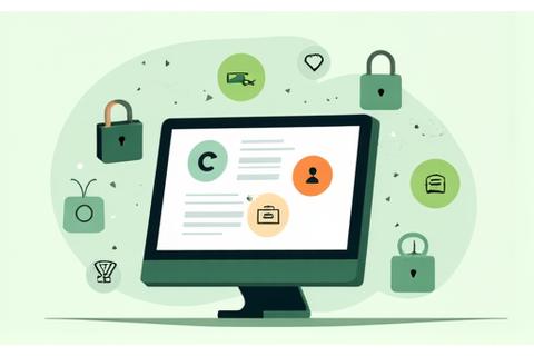 Un ecran de computer stilizat cu diverse pictograme digitale care reprezintă reguli de utilizare, confidențialitate și copyright.